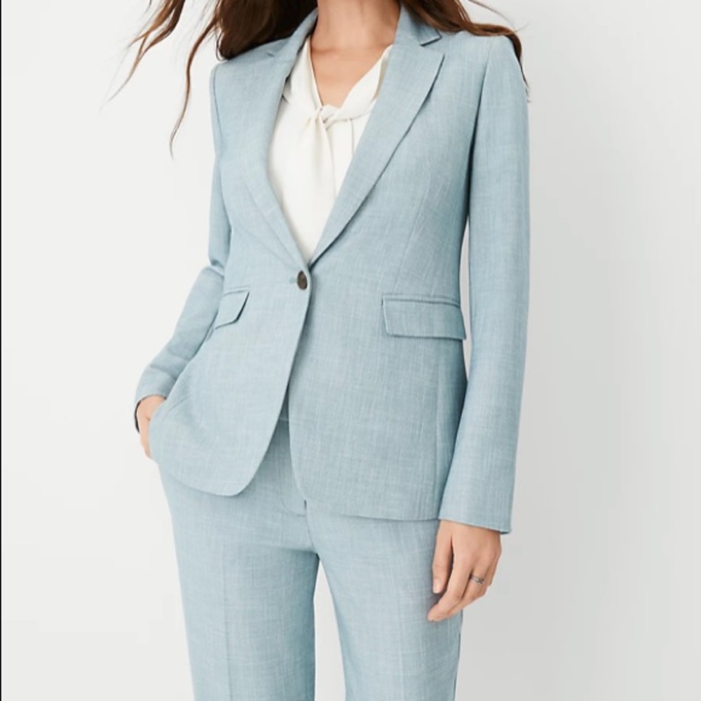 Ann Taylor: Petite One button blazer & straight leg pant in cross weave